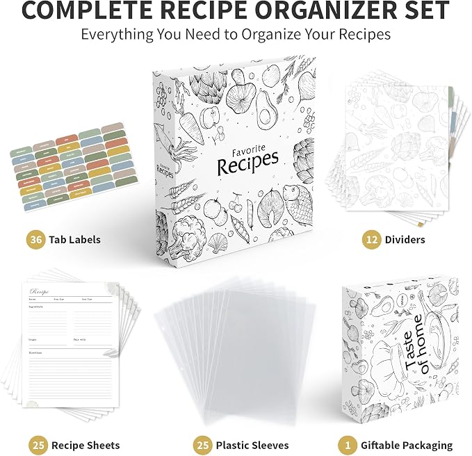 CraftSaints Recipe Binder 8.5x11, 3 Ring DIY Cookbook Kit 12 Dividers & 25 Plastic Sleeves & 25 Recipe Pages & 36 Labels, Recipe Books Binder, Recipe Organizer Binder Kit, Recipe Book (White)