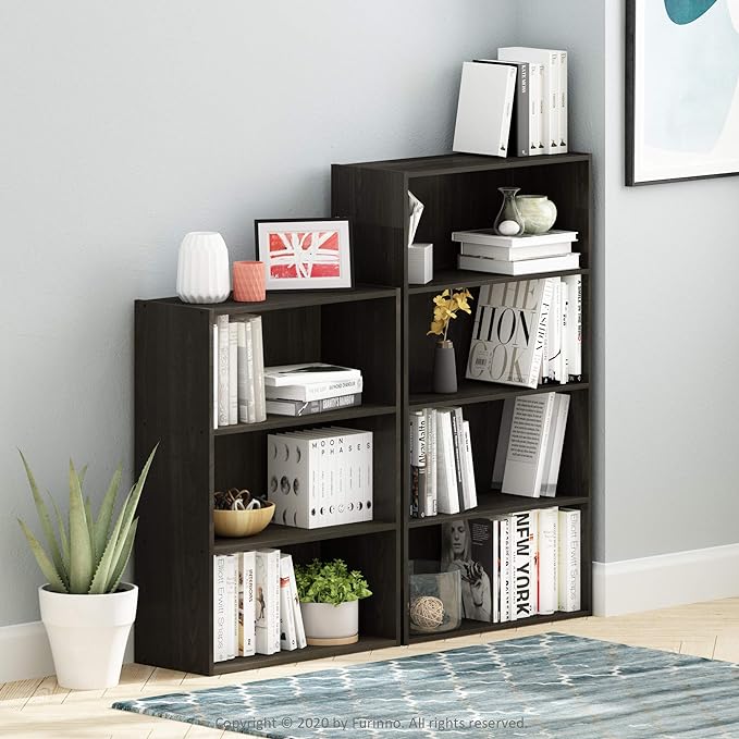 Furinno PASIR Book Shelf, 4-Tier Bookshelf, Bookcase with Open Shelf, 9.4 x 23.6 x 41.7, for Living Room, Bedroom, Home Office, Espresso