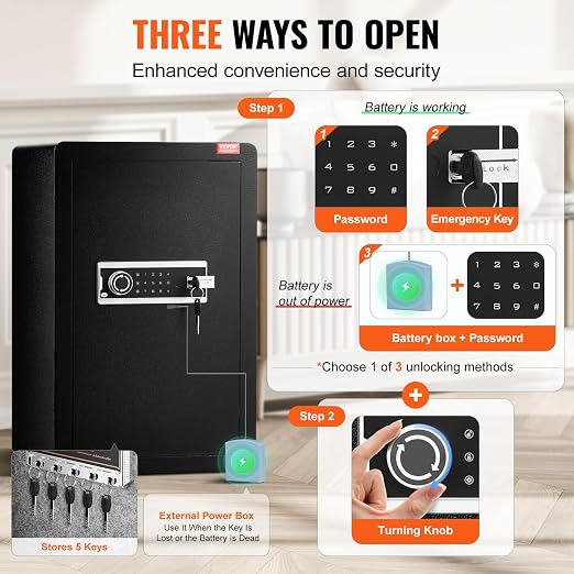 VEVOR Single Door 3.5 cu.ft Safe Box with Key Lock & Password, Safe Lock Box with Fireproof Bag, Key Rack, LED Light, and 2 Shelves for Money, Documents, Jewelry, and Valuables, Black