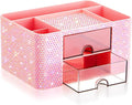 MotiMind Pink Bling Desk Organizer with 2 Drawer, Sparkly Makeup Organizer for Vanity, Girly Desk Accessories, Rhinestone Pen Holder, Elevate Your Workspace with Pink Serenity (Diamond)