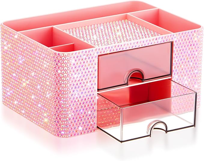MotiMind Pink Bling Desk Organizer with 2 Drawer, Sparkly Makeup Organizer for Vanity, Girly Desk Accessories, Rhinestone Pen Holder, Elevate Your Workspace with Pink Serenity (Diamond)