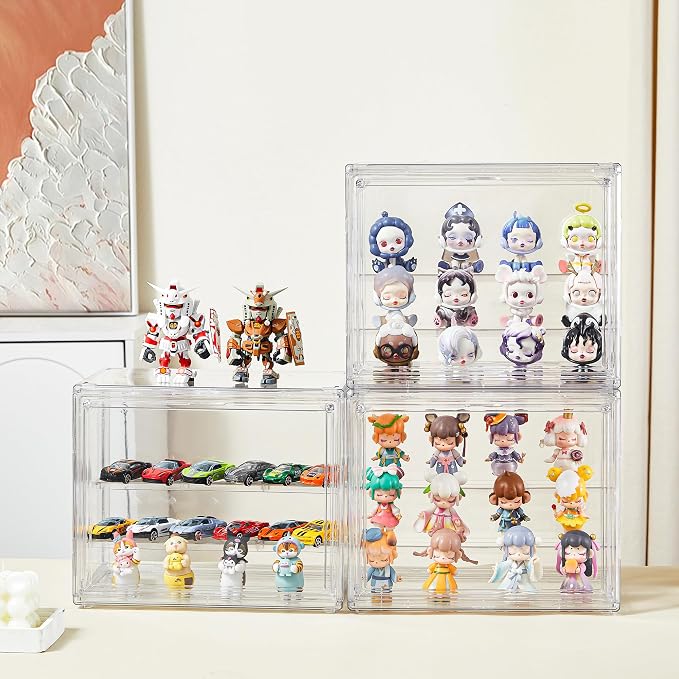 Acrylic Display Case for Collectibles, 3 Tier Figure Display Box 2 Pack | Clear Stackable Display Stand with Magnetic Door, 2 Movable Plates, Small Easy Assembly Showcase for Mini Action Figures