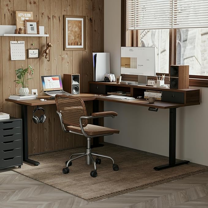Agilestic 63 Inch L Shaped Electric Standing Desk with Drawer, Dark Walnut | 2 Stroage Drawers, Monitor Shelf, Corner Desk, Ample Workspace, Memory Presets, Hooks, Stable Steel Frame,176 lbs
