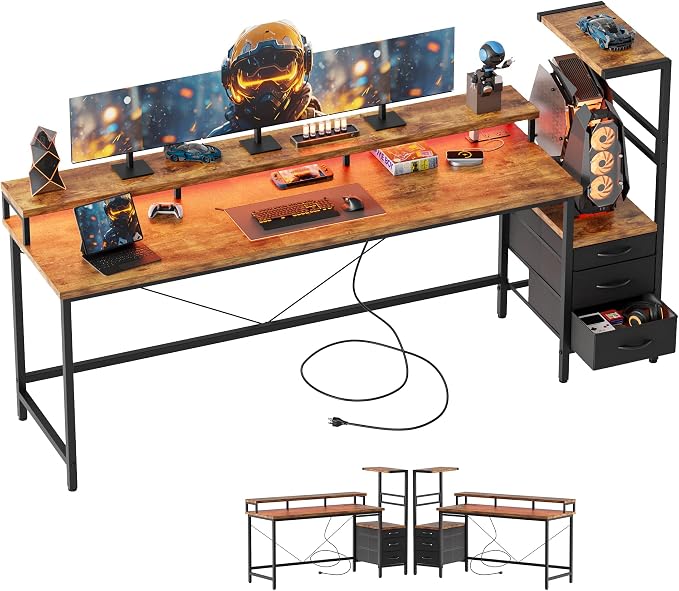 68 inch Gaming Desk with Drawers, Reversible Computer Desk, Brown | Gamer Desk with LED Lights, Power Outlets & Monitor Stand, Large Office Table for Home Bedroom Study Work Writing