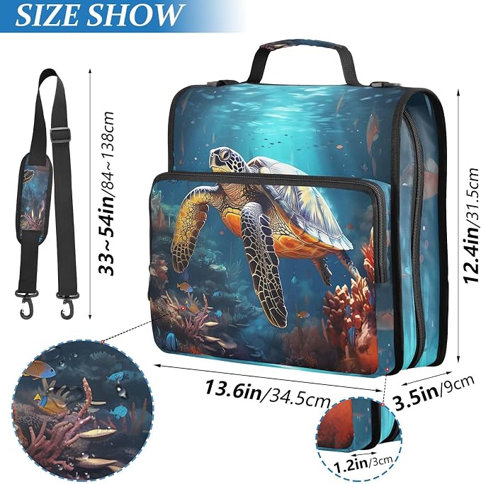 Personalized Sea Turtle 3 D-Ring Binder Bag Zipper Organizer | Multi-Pocket with Handle and Detachable Shoulder Strap Holds 500 Sheets for School Office Supplies