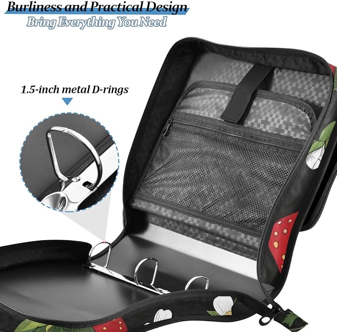 Strawberry Fruit Flower 3 Ring Zipper Binder Bag Binder Organizer with Handle Shoulder Strap for School Work Office Supplies