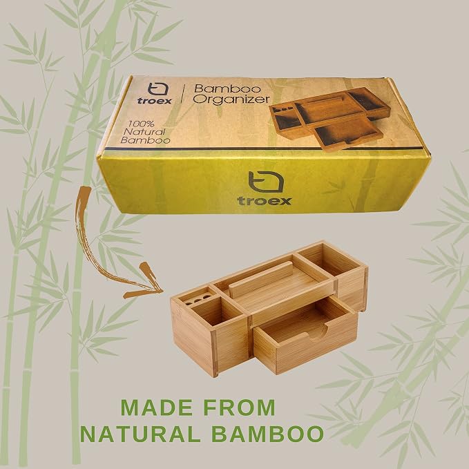 Bamboo Desk Organizer – Durable Office Wood Desk Organizer with Drawers, Storage Compartments, Pen Holder, and Phone Holder- Home and Office Desk Organizers and Accessories