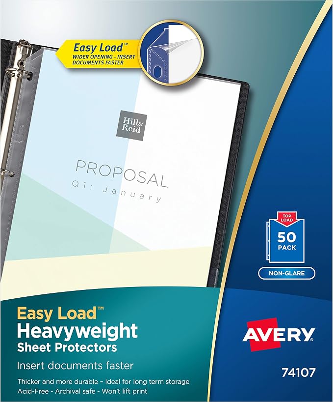 Avery® Clear Heavyweight Sheet Protectors, Non-Glare, Easy Load, 50 Document Protectors (74107)