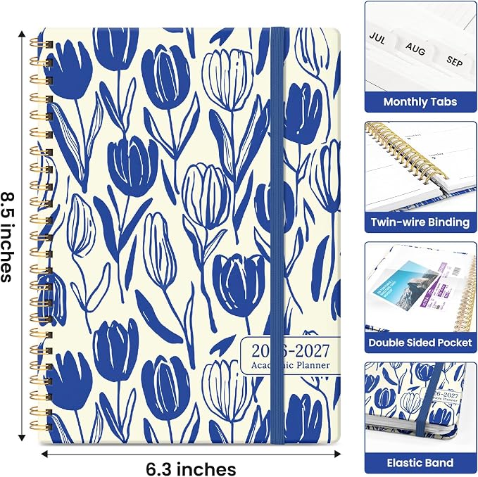 Planner 2026-2027, Jul 2026-Jun 2027 Monthly & Weekly Planner Calendar | 6.3" x 8.5", Hardcover Academic Spiral Pretty School Planning Book for Women, Teacher, Student, Indigo Tulips