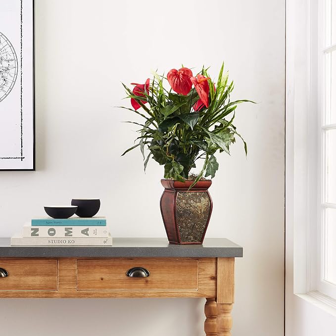 Nearly Natural 26 in Artificial Mixed Greens and Anthurium with Vase | Vibrant Red Plumage, Lifelike Textures, Decorative Vase Included, Year-Round Home or Office Decor Accent