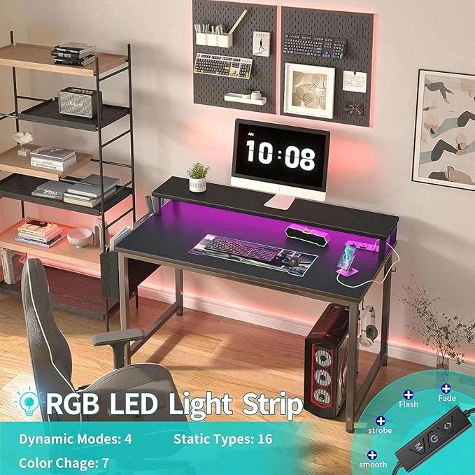 Lufeiya Small Desk with Power Outlets and LED Lights, 32 Inch Teen Writing Study Table Home Office Computer Desks with Monitor Stand, Gaming Desk with Charging Station, Black