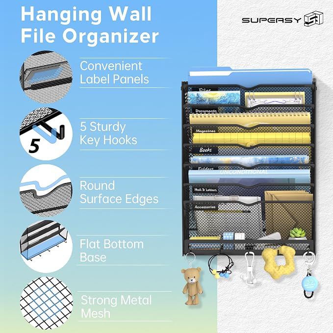 8-Tier Wall File Organizer with Hooks, Hanging File Organizer | Metal Mesh Mail Organizer, Wall Mounted File Organizer for Home, Classroom, Office Organization