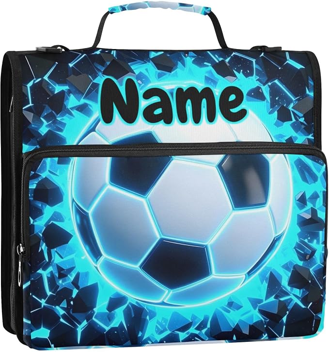 Custom 3D Soccer Football Blue 3 Ring Binder Bag 1.5 inch Personalized Name Binder Organizer 500 Sheet Documents Storage for School Office