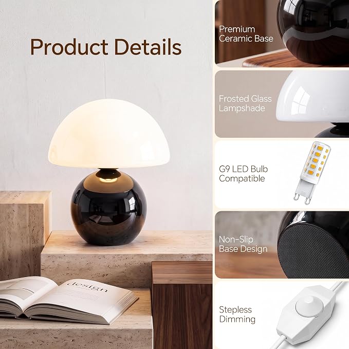 Mushroom Lamp Table Lamp for Bedroom-Small Desk Table Lamps,Black | 8.7" Mid Century Modern Table Lamps for Living Room Bedroom Decor,Cute Ceramic Lamps for Mushroom Home Room Decor,Glass Shade