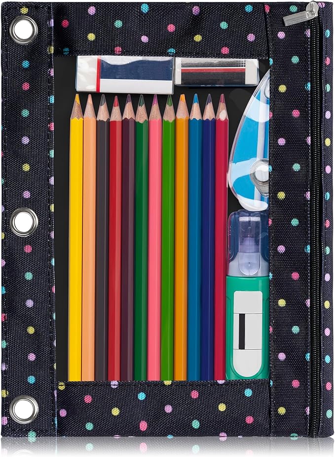 Forvencer Pencil Pouch for 3 Ring Binder, Large Pencil Case Pouch | 3 Reinforced Grommets, Pen Bag, Clear Window Pencil Case, Binder Accessories, Black Polka Dot