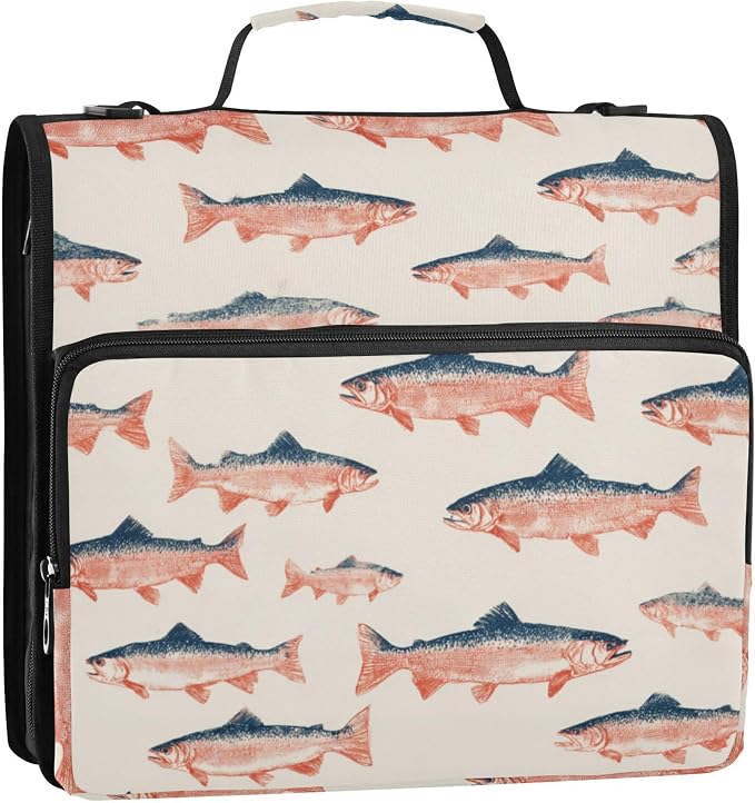 Fisyme Sea Vintge Salmon Fish Zipper Binder 3 Ring with Zipper and Shoulder Strap Large Capacity Multi-Pocket Binder Organizer