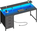 Huuger 55 Inch Computer Desk with Power Outlets and LED Lights, Gaming Desk with 4 Drawers, Office Desk with Monitor Stand, Study Work Home Office, Black