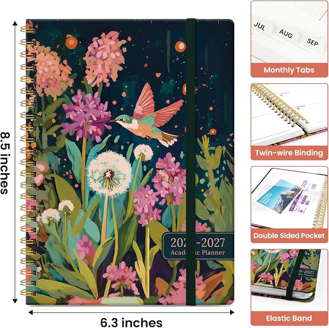 Taja Planner 2026-2027, Jul 2026-Jun 2027 Monthly & Weekly Calendar Planner | 6.3" x 8.5", Hardcover Academic Calendar, Teacher Student Agenda Book with Tabs, School Office Supplies, Humming Glow