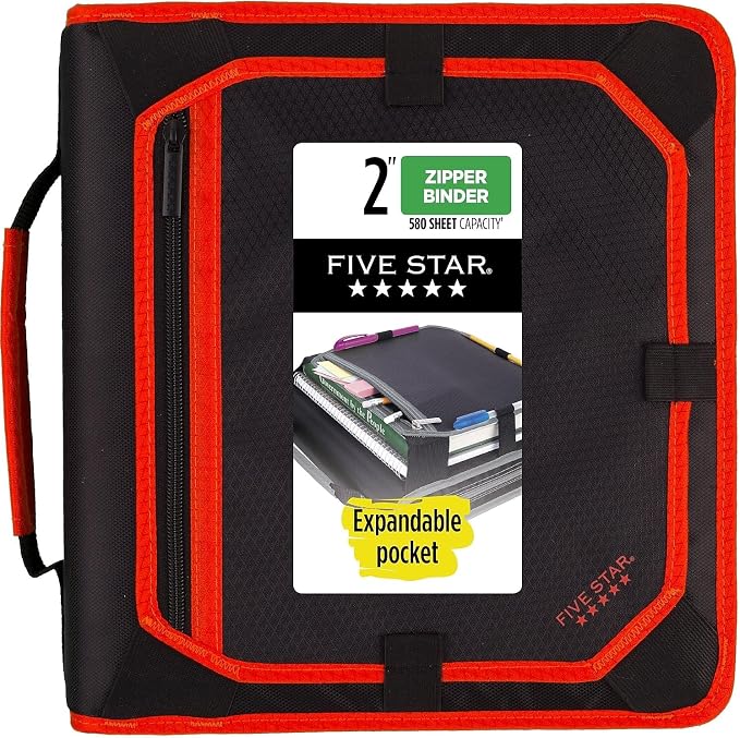 Five Star Zipper Binder, 2 Inch 3 Ring Binder, Expansion Panel, Durable, Color Selected For You, 1 Count (29052)