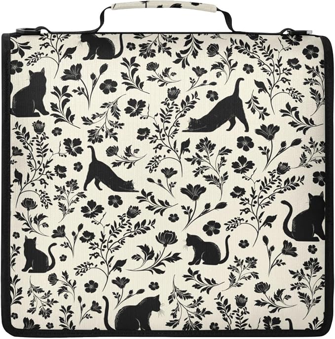 Flowers Cat Print Zipper Binder File Organizer Bag 3 D-Ring | with Shoulder Strap, Holds 500 Sheets & 14in Laptop, 3 Ring Binder for Office Supplies