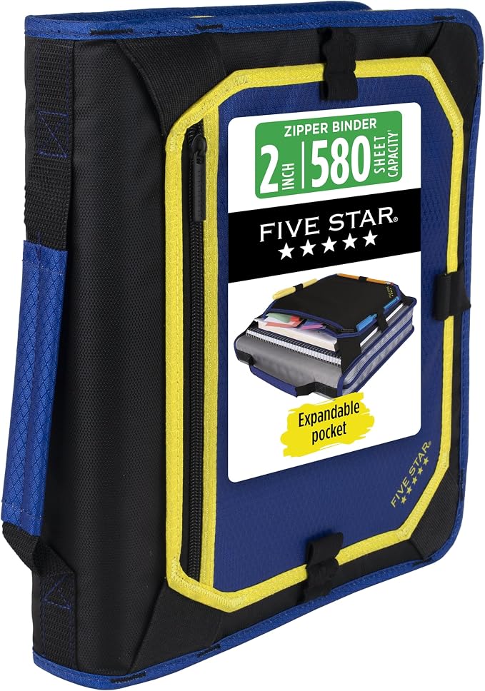 Five Star Zipper Binder 2 Inch O-Rings Case Organiser with Expansion Panel and 5-Tab Expanding File Folder, 580 Sheet Capacity, Cosmic Blast (290520M)
