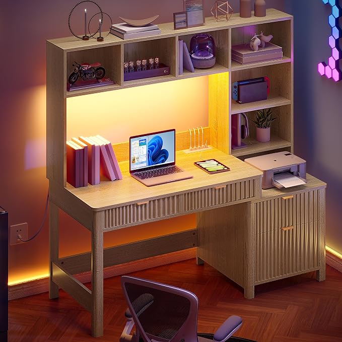 YITAHOME Computer Desk with Hutch and Drawers | 55" Office Desk with Storage Shelves Gaming Desk