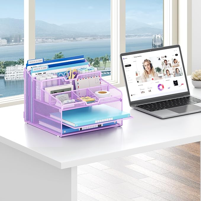 Lavatino Desk Paper File Organizer - Metal Mesh with 2 Letter Trays, 7 Flexible Dividers, 2 Vertical File Folder Holders for Office/Home/Classroom Supplies, Desk Organizers and Accessories, Purple