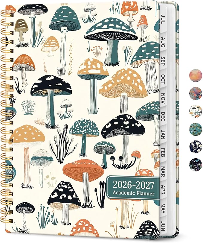 Taja Planner 2026-2027, Jul 2026-Jun 2027 Monthly & Weekly Calendar Planner | 6.3" x 8.5", Hardcover Academic Calendar, Teacher Student Agenda Book with Tabs, School Office Supplies, Mushrooms Grove