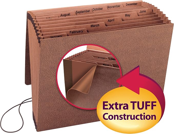 Smead TUFF Expanding File, 12 Pockets, Monthly (Jan.-Dec.), Flap and Cord Closure, Letter Size, Redrope (70388) (Pack of 5)