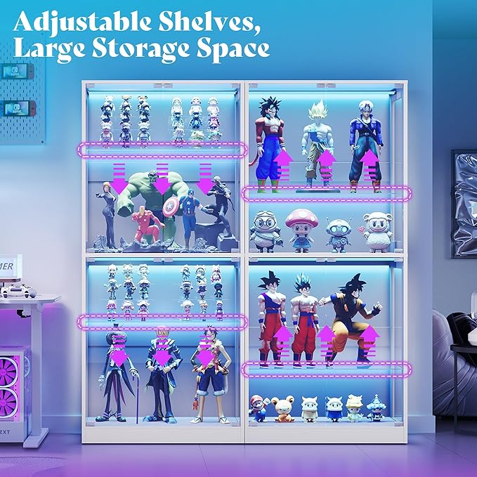 AMERLIFE 45-Inch RGB Display Cabinet with Glass Doors | 70 H x 45 W x 16 D In, 4-Tier Storage, Adjustable Glass Shelves, RGB LED Lights, Press-to-Open Doors, White