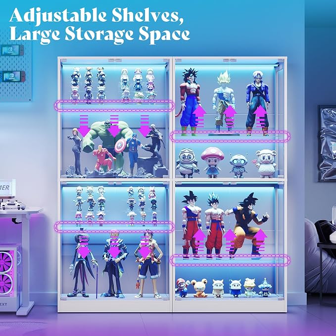AMERLIFE 60-Inch RGB Display Cabinet with Glass Shelves | 70 H x 60 W x 16 D In, 4-Tier Storage, RGB LED Lights, Press-to-Open Doors, for Collectibles, White