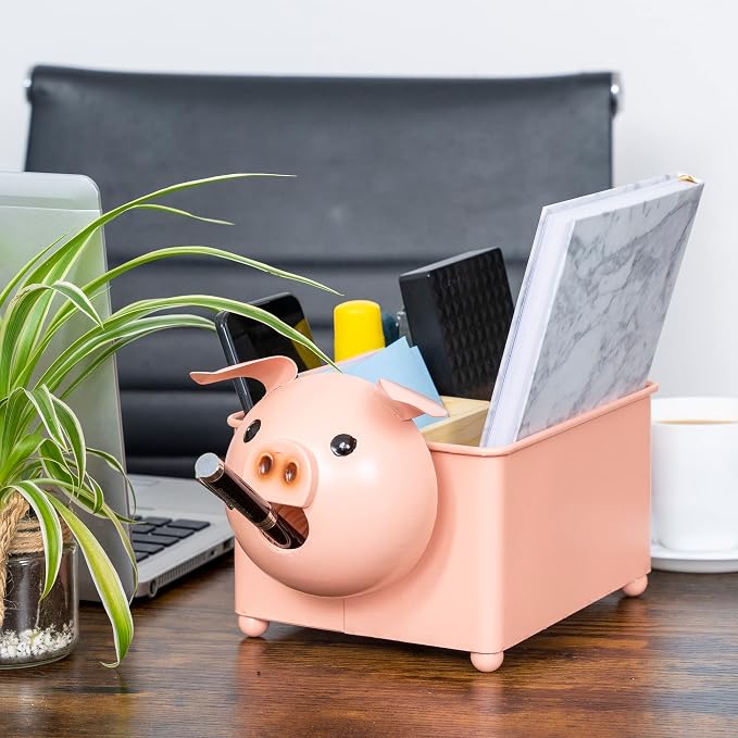 Desk Organizer, 1-5 Module Compartments - Storage for Stationery Supplies, Accessories, brushes - Home, Office, School, Dorm, Studio - Build in Pen & Pencil Holder (Pink Pig)
