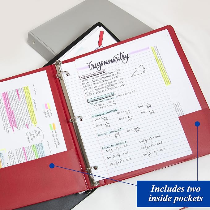 BAZIC Products 1" Color 3-Ring Binder, Round Ring, 2 Pockets, 24-Case | round rings, 1 in Assorted Color 3-ring binder, 2 inside pockets, holds up to 175 sheets, Durable poly cover