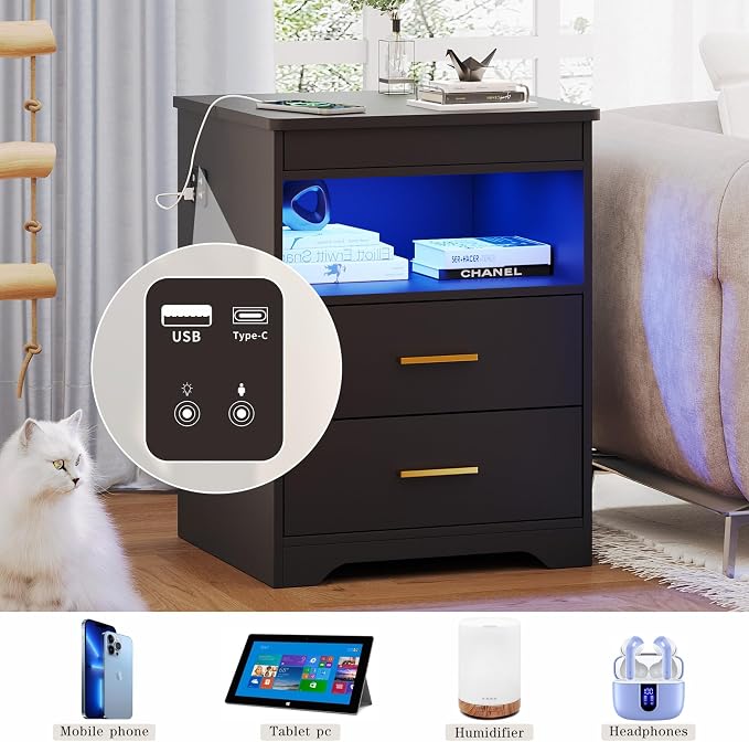 Night Stand with Gun Drawer, Charging Bedside Table with USB & Type-C Port, LED Nightstand with Human Sensor Light, Modern End Table with Drawers for Bedroom Office, Black