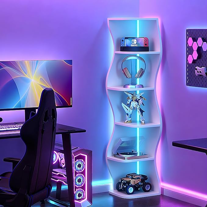 VECELO 6-Tier Compact Wave Corner Bookcase with LED Lights, Small Narrow Freestanding Bookshelf for Small Spaces, Living Room, Bedroom, Home Office (White)