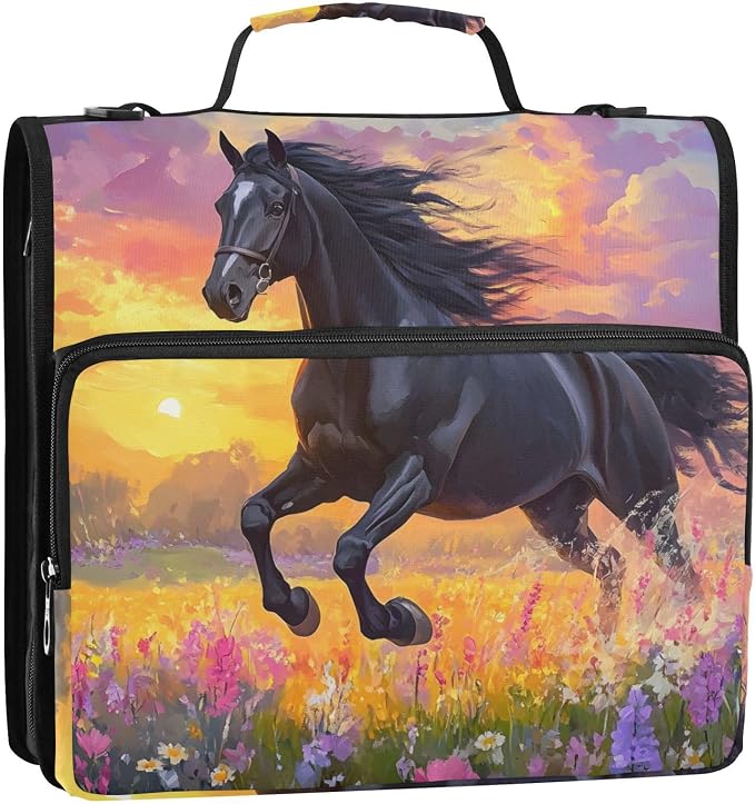3 Ring Zipper Binder with Shoulder Strap Black Horse Flower Oil 2 Inch Zippered Binder Bag 500 Sheet Capacity Multi Pockets for School Supplies