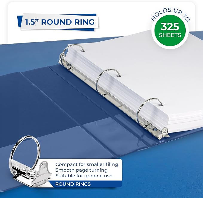 Samsill 1.5 Inch 3 Ring Binders, Economy Round Ring, Clear View Cover, 325 Sheet Capacity - for School, Home, Office - Blue, 4 Pack