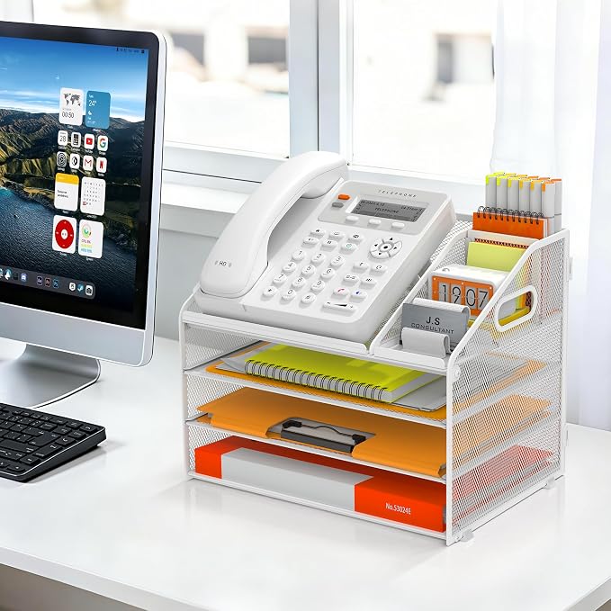 DocNest 4 Tier Metal Mesh Desk File Organizer with Phone Shelf, White | Desktop letter tray sorter features a 9.1x9.1 inch top phone holder, built-in sticky note compartment and pen holder