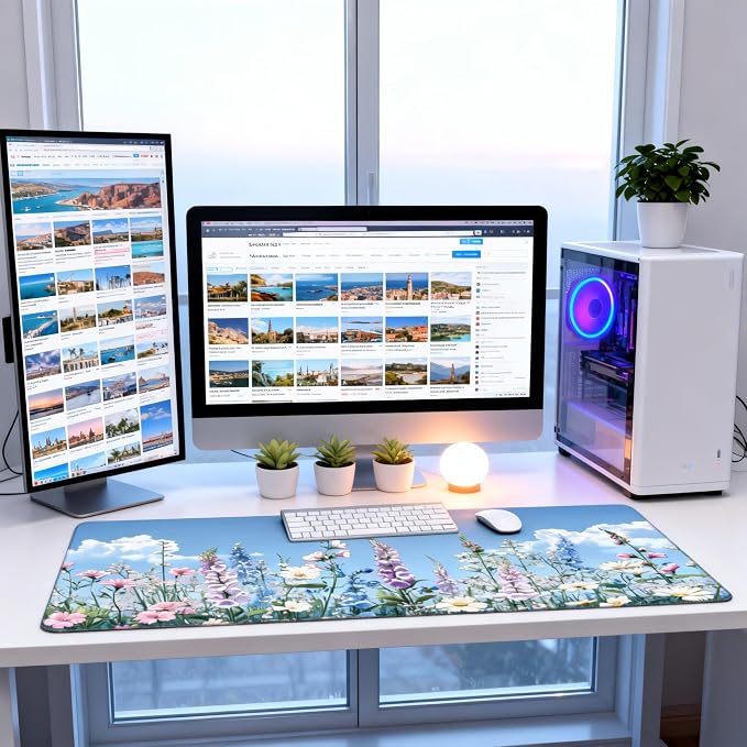 Cute Floral Aesthetic Wildflower Gaming Mouse Pad, Sky Blue Anime Desk Mat with Anti-Slip Base & Stitched Edges,35.4" x 15.7" in Desk Accessories for Women, Home Office Decor & Artistic Gift