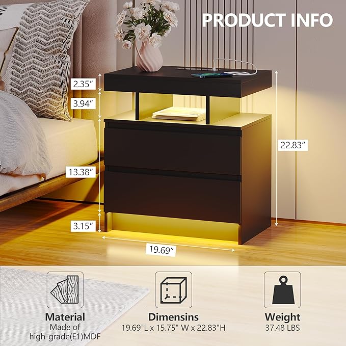 dnbss LED Nightstand with Charging Station, Smart Bedside Table, Black | Modern Night Stand, Floating Desktop, 2 Drawers, 1 Compartment, Human Body Sensor, for Bedroom Living Room Office Storage