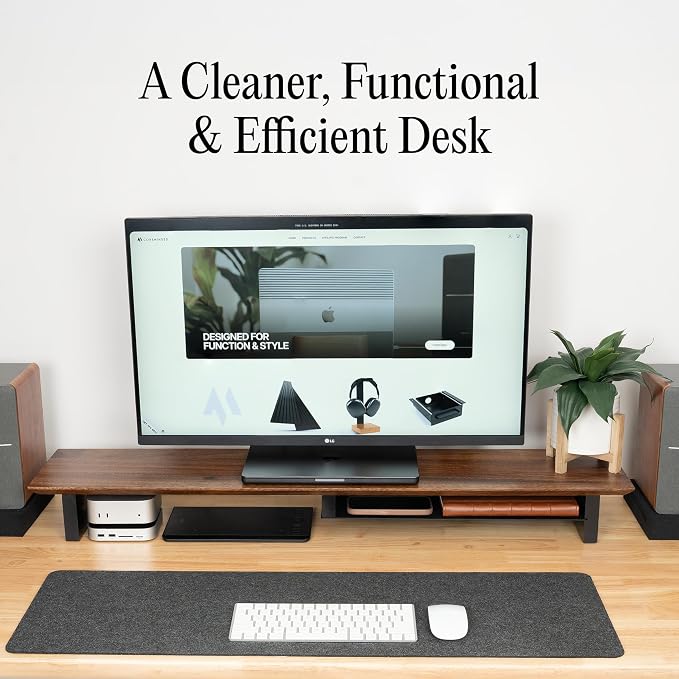 COREMINDED Solid Wood Dual Monitor Stand Riser, 42 Inch Walnut Desk Shelf | Fits 2 Monitors, Sturdy & Stable Solid Wood, Under Monitor Keyboard Storage, Office Desktop Organizer, Easy Assembly, Walnut