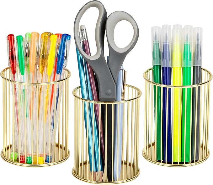 Mind Reader Pen and Accessories Holder, Desktop Organizer, Office, Metal , 3"L x 3"W x 4"H, Set of 3, Gold