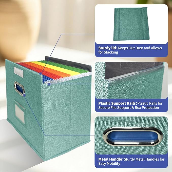 2 Pack Hanging File Folder Box with Lid, Durable Letter Size Filing Storage Box, Sturdy File Holder with Cardboard Support PVC Rails for Office Home Organizer, Green