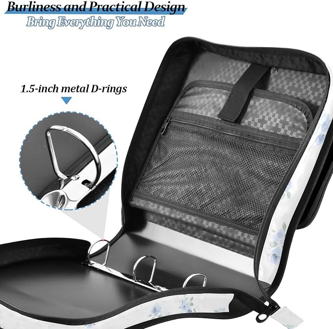 3 D-Ring Zipper Binder Bag, Blue Small Floral Pattern White Removable Binder with Zipper Case Hold 700+ Sheets& 13 Inch Laptop for School Office Supplies Organizer