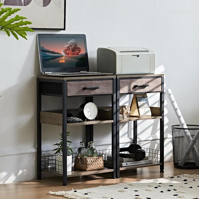 Lerliuo 3-Tier Printer Stand with Fabric Drawer and Shelves, Grey | Three-tier printer stand with fabric drawer and two shelves for paper, office supplies, scanners and fax machines