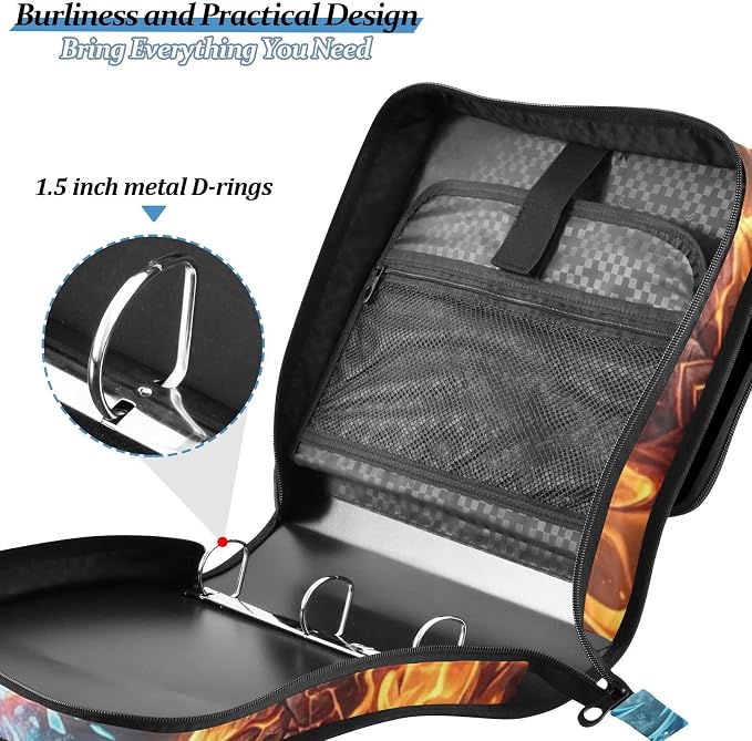 Fire Ice Dragon Print 3 Ring Zipper Binder with Shoulder Strap & Handle 2 Inch D-Ring Zippered Binder Bag with Multiple Pocket & Pencil Pouch, Binder Organizer for School or Office