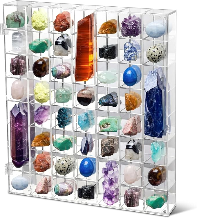 Cinnvoice Rock Display Case 20 Grids, Black Border, Square | Adjustable Acrylic Display Case, Crystal Organizer for Collectible, with Built-in Mirrored, Magnetic Door, Wall Mount