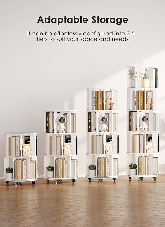 5 Tier 360° Rotating Bookshelf with Larger Capacity, Adjustable Small Space Bookcase on Wheels, Revolving Round Bookshelves, Tall Storage Book Shelf Tower for Bedroom Office Kids Room (White)