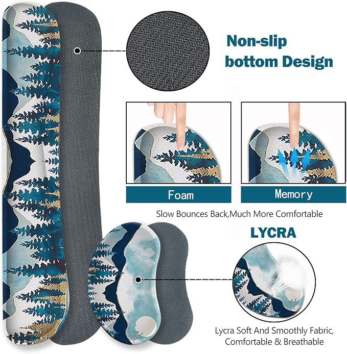 Large Gaming Mouse Pad Set, Keyboard Wrist Rest Support + Mouse Wrist Cushion + Extended Mousepad + Coaster, 35x15.5in Multifunctional Desk Mat, Abstract Mountain