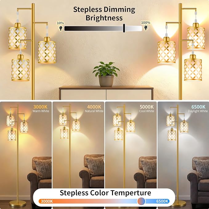 Dimmable Floor Lamp, Farmhouse Standing Lamp with Elegant Metal Cage, Industrial Tall Tree Floor Lamps for Living Room Bedroom Study Office with Remote & 3 x 1100LM 12W LED Bulbs, 72", Gold